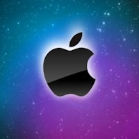 an apple logo on a purple and blue background